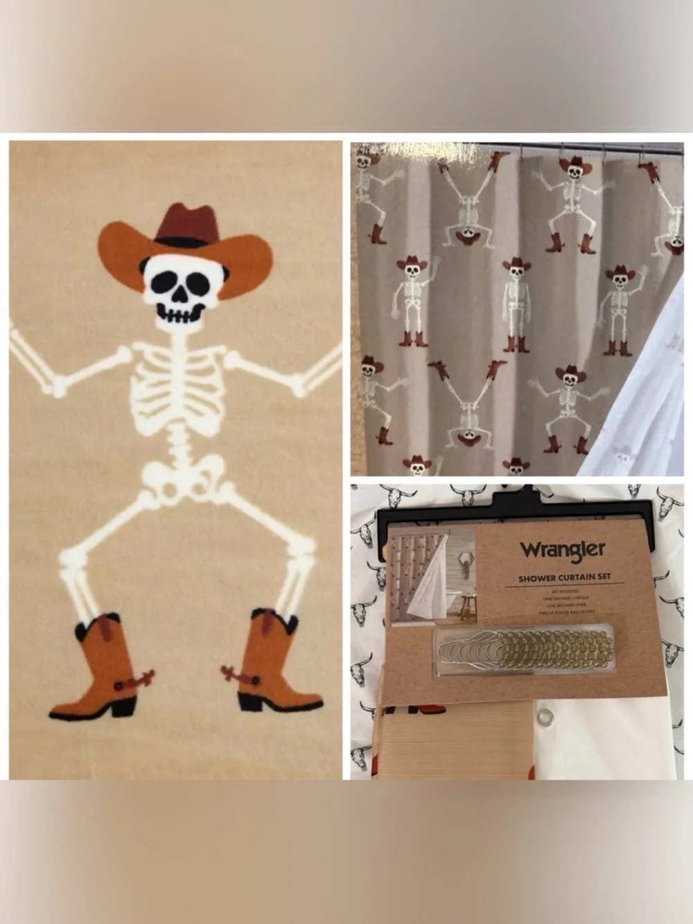 NEW Wrangler FABRIC Shower Curtain Set SKELETON COWBOY HATS BOOTS DANCING RODEO